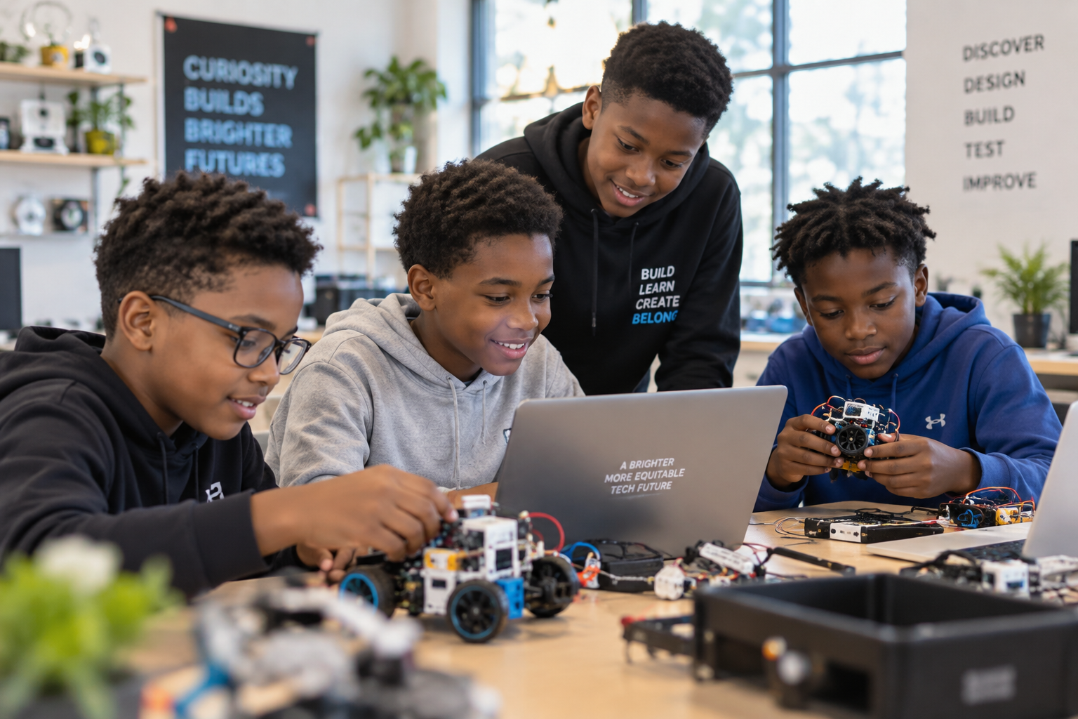 Young Black boys learning robotics in the LCITEC training lab